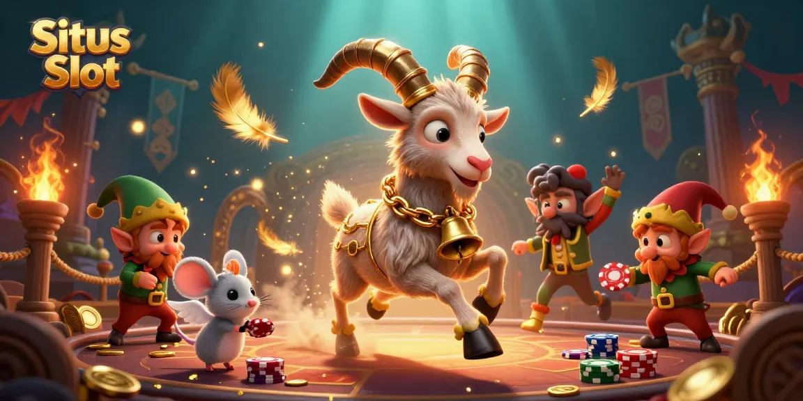 Permainan Situs Slot dengan Krampus dan gremlin di kasino yang ramai, penuh chip dan koin berkilau.