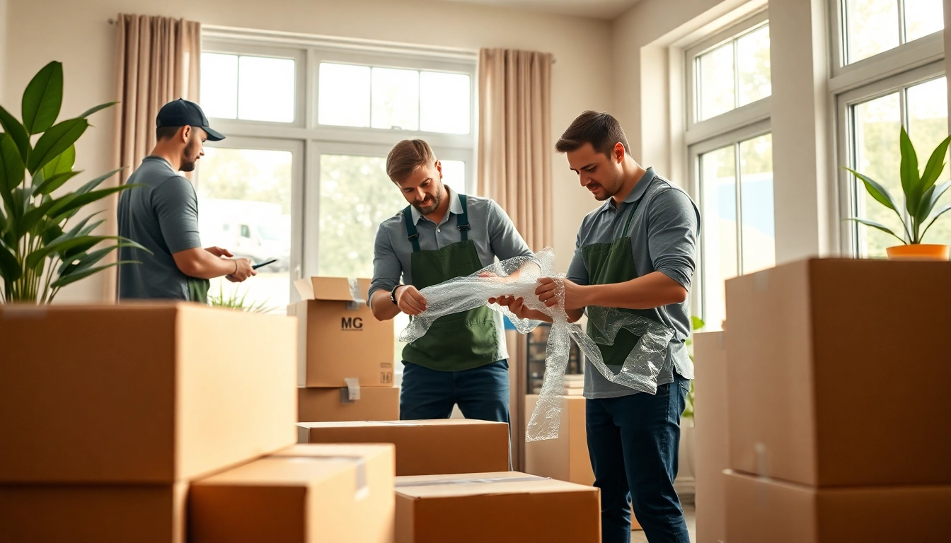 Professional Packing Services team efficiently wrapping items in a bright home setting
