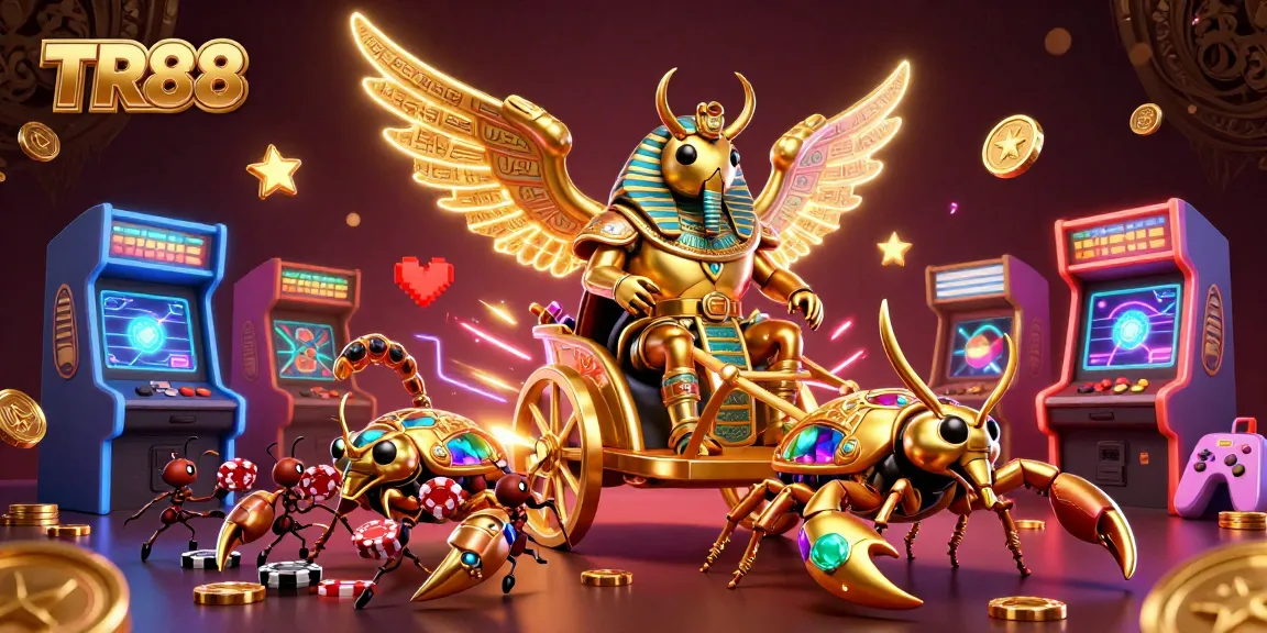 Engage with TR88's vibrant casino adventure featuring colossal scarabs and dazzling game elements.