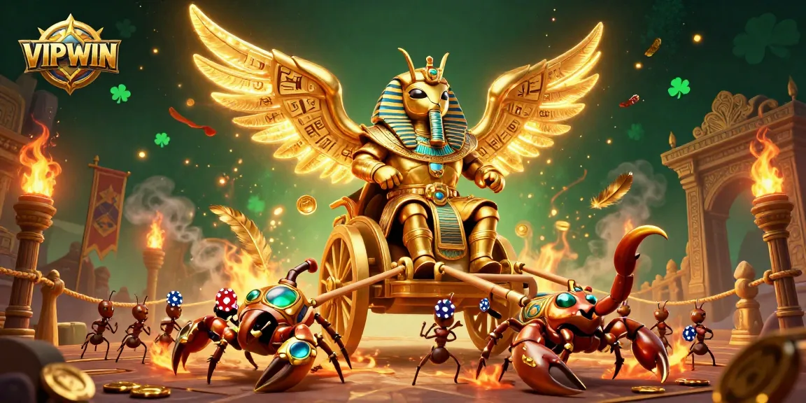 Experience VIPWIN's thrilling atmosphere as a golden scarab and scorpions engage in a dazzling casino battle.