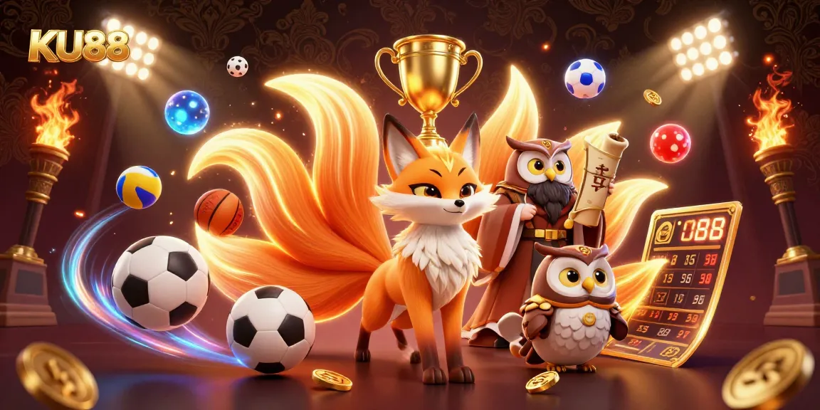 Experience the vibrant energy of KU88 in this dynamic casino-themed illustration featuring colorful characters and sports elements.