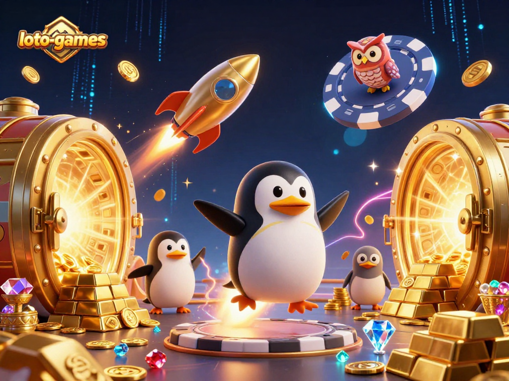 Win big with loto-games in this vibrant, cosmic casino adventure featuring a golden penguin!