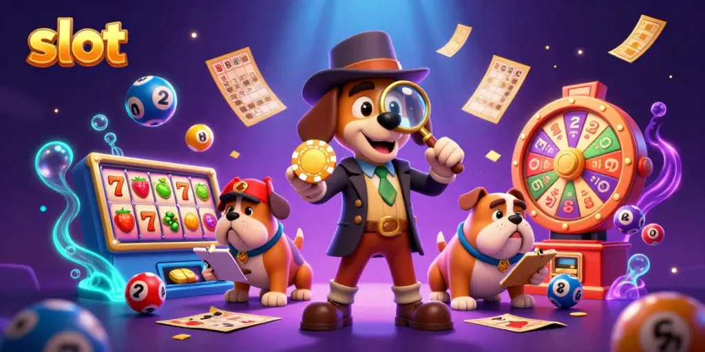 Slot mesin yang menarik dengan detektif kartun dan karakter lucu di tengah suasana ceria.