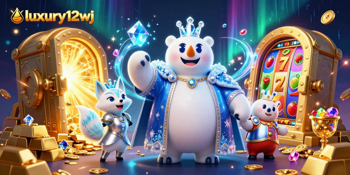 Play big at luxury12wj with 3D cartoon characters amidst sparkling treasures and vibrant slot reels.