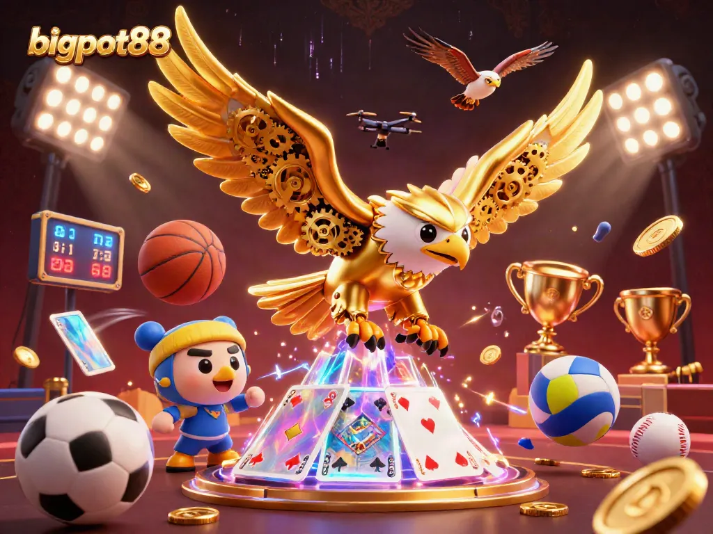 bigpot88 hadir dengan ilustrasi burung elang cybernetic terbang di tengah permainan kartu holografik yang memikat