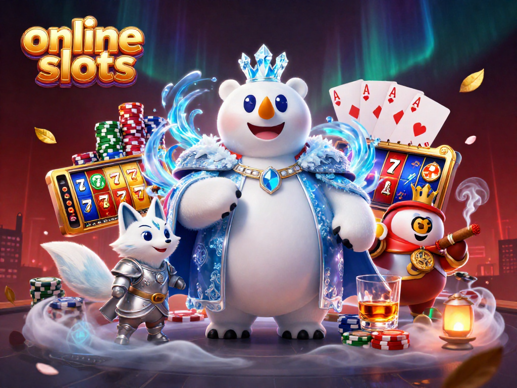 Engage with online slots featuring vibrant reels and characters amidst casino elements.