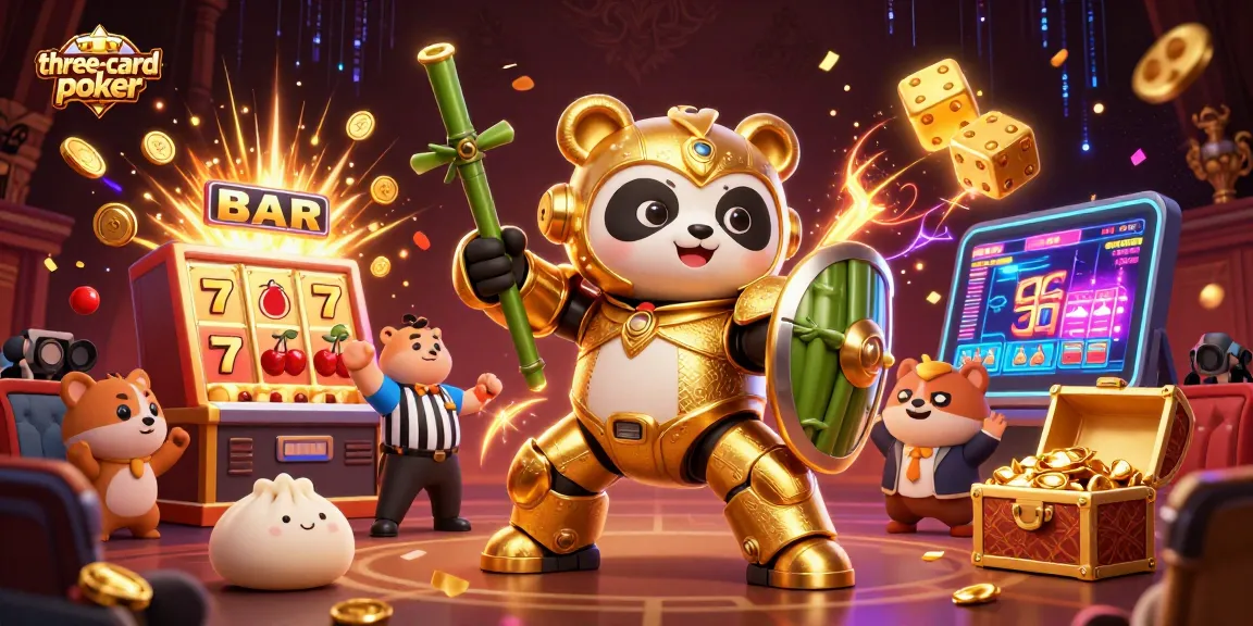 Experience three-card-poker excitement with vibrant visuals of a golden panda and lively casino elements.