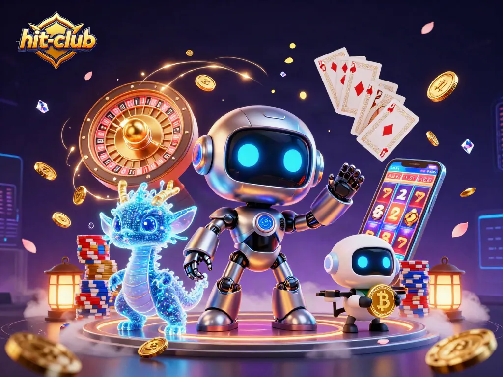 Experience the thrill of gaming at hit-club with neon-lit robots and vibrant casino elements.