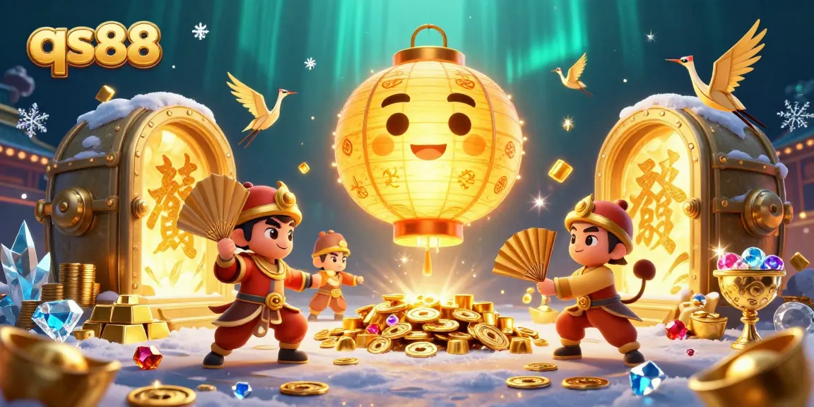 Experience excitement with QS88, showcasing a vibrant digital casino scene filled with gold treasures and lucky symbols.