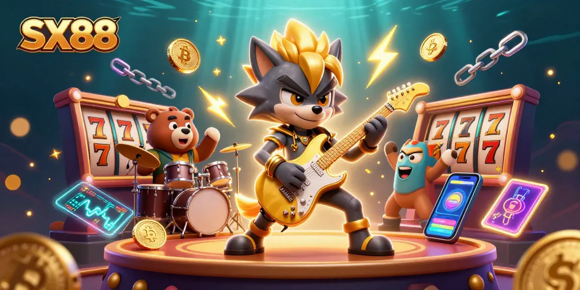 SX88 players win big as the rock star wolf performs on stage surrounded by vibrant slot machine elements.