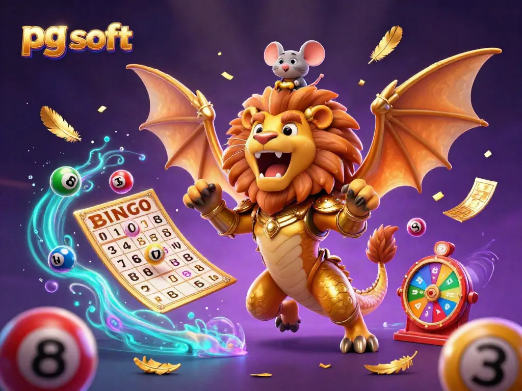 Experience the thrill of pg soft with a vibrant illustration showcasing a golden chimera and dynamic gaming elements.