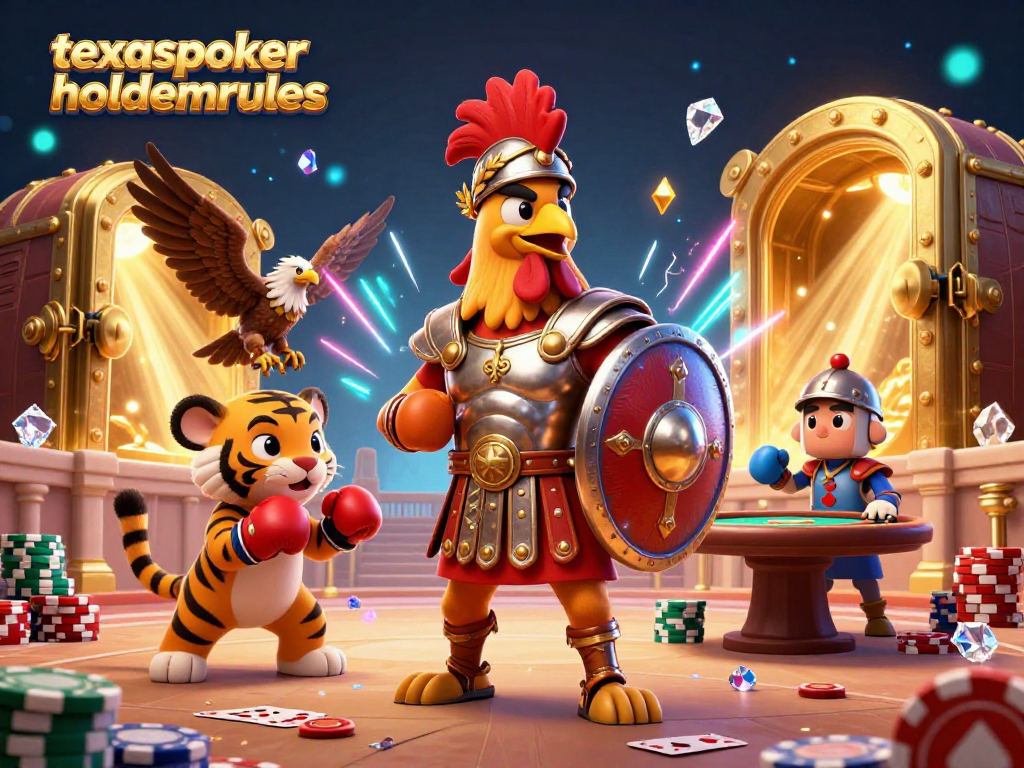Engage in TexasPokerHoldemRules with a vibrant scene featuring poker elements, energetic characters, and treasure effects.