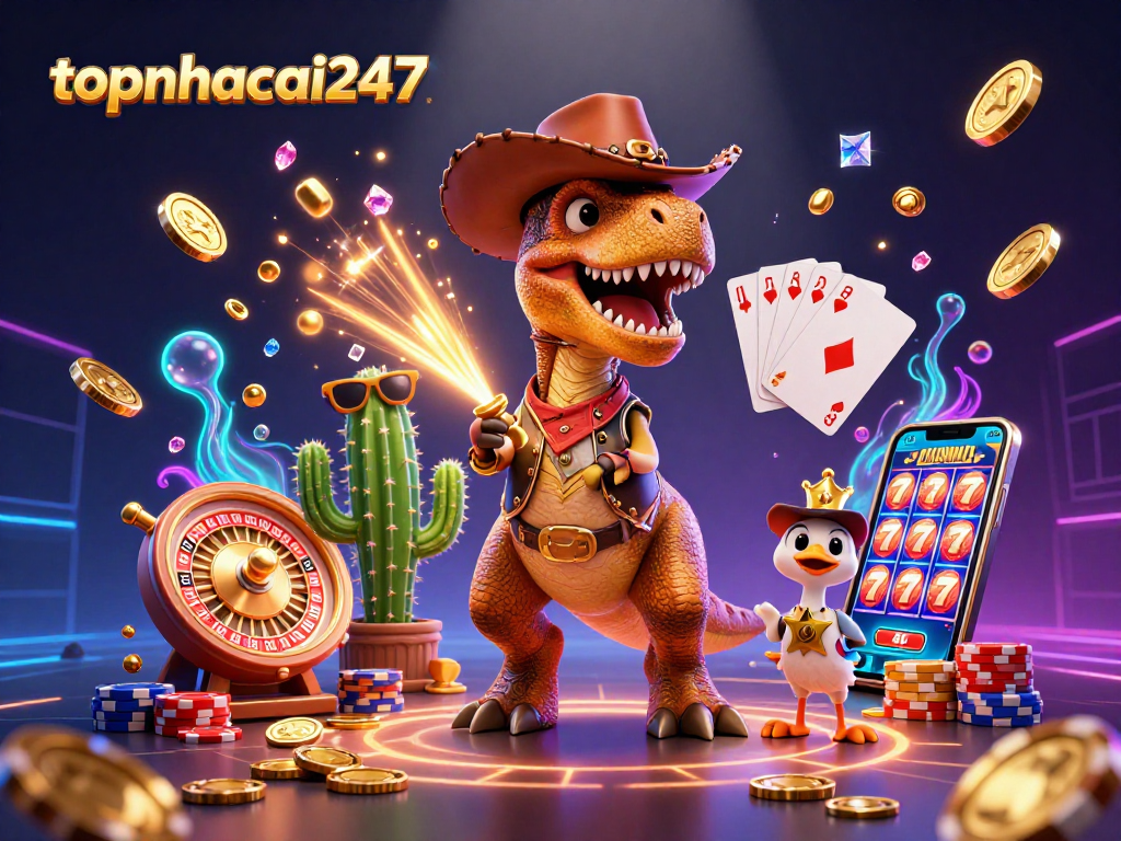 topnhacai247 showcases a thrilling 3D illustration of a T-Rex cowboy amidst dynamic casino elements.
