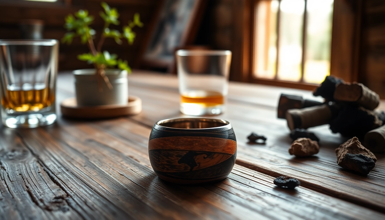 Admiring Whiskey Barrel Wedding Bands with intricate details and rustic charm on a wooden table.