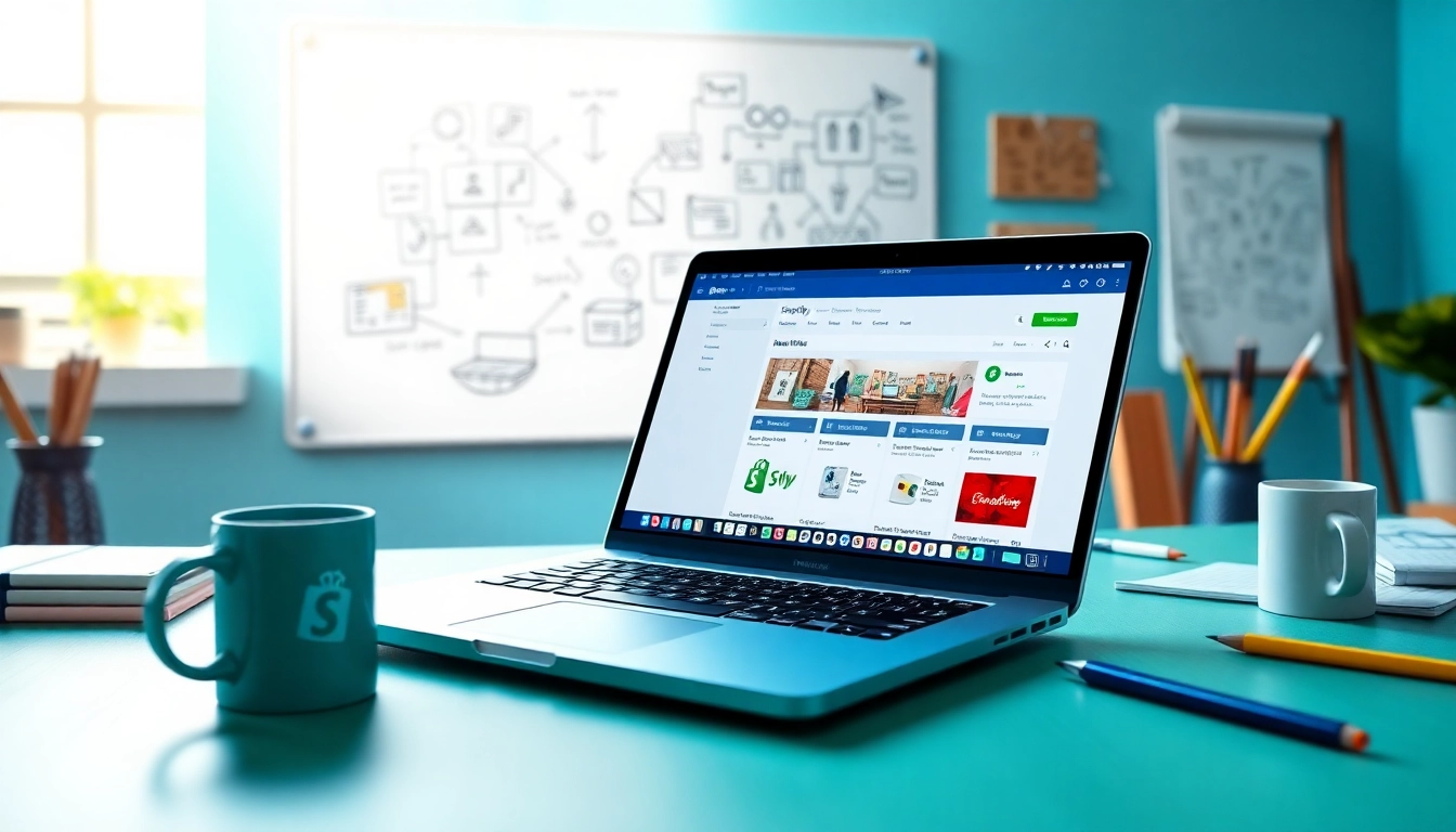 Showcasing Shopify store development process with a creative workspace and laptop.