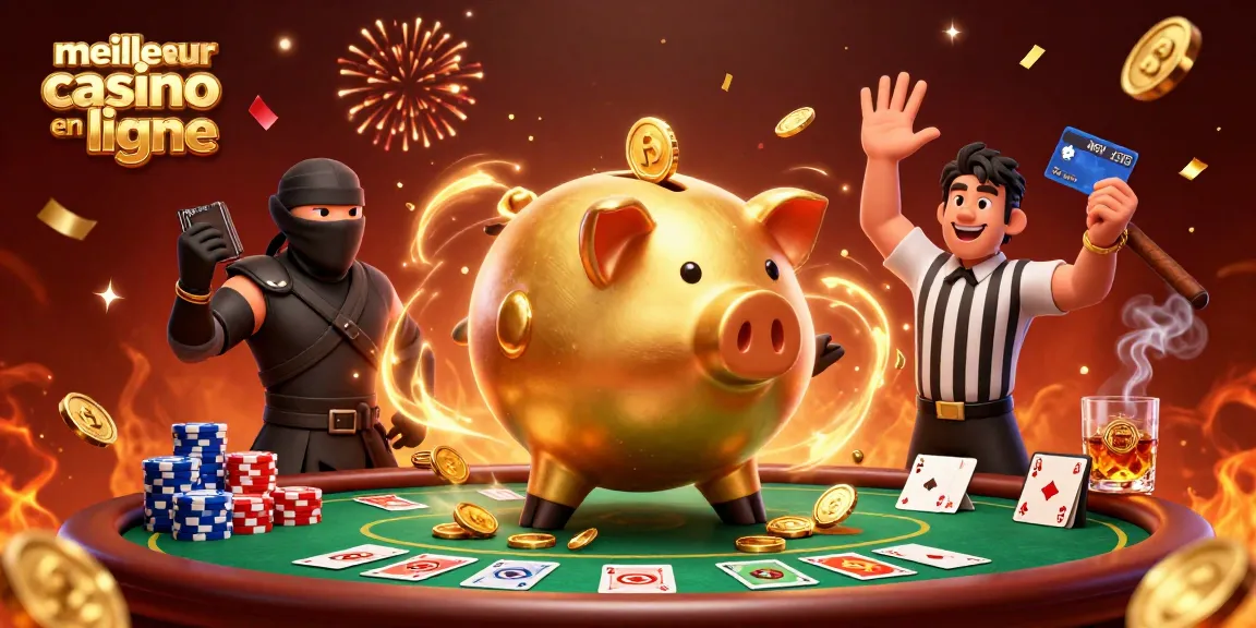 Illustration dynamique de "meilleur casino en ligne" avec un cochon tirelire sumo et un ninja de portefeuille.