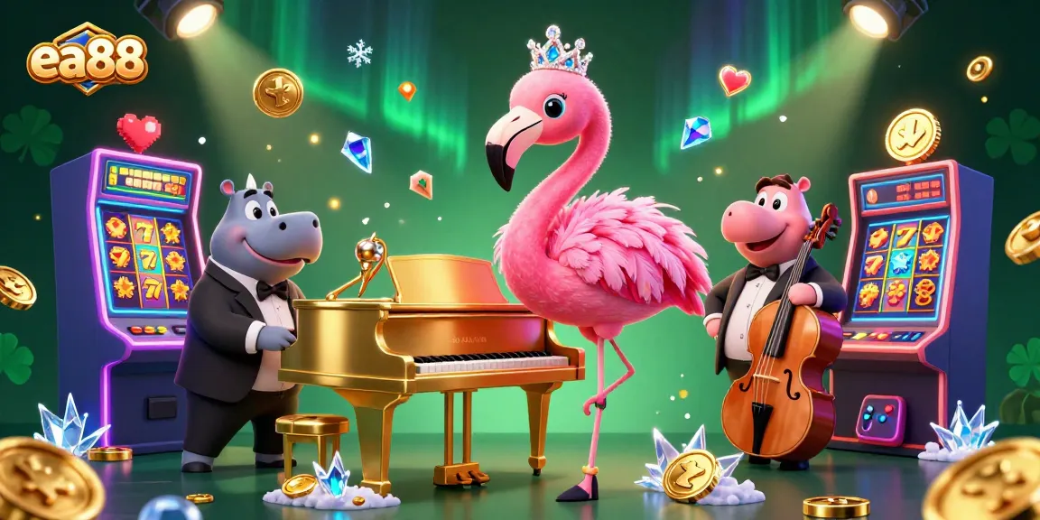 ea88 players enjoying a thrilling casino experience with vibrant 3D slot machines and charming characters.