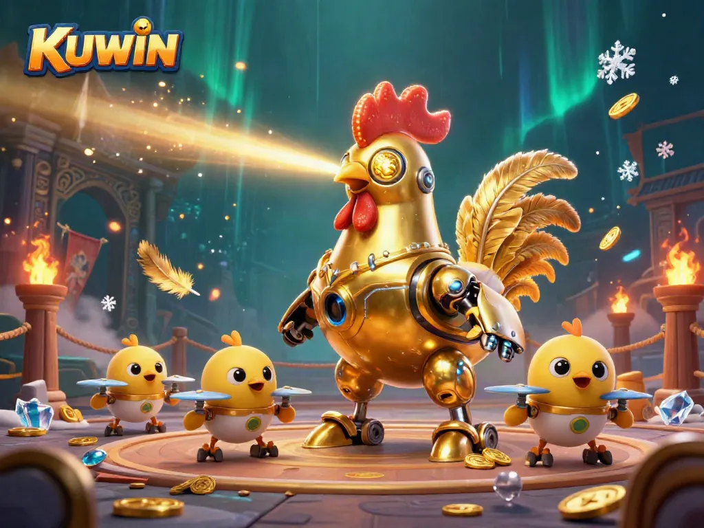 Experience the thrill of winning with KUWIN gaming, featuring dynamic golden rooster robot and baby chick drones.