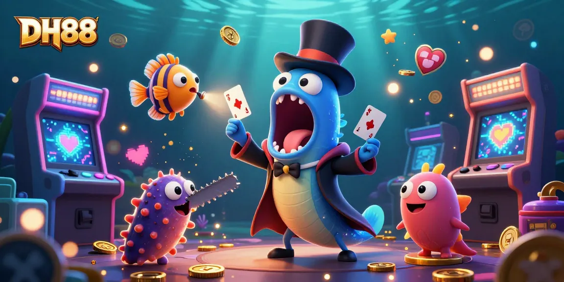 Join the fun at DH88 with card tricks by a magical eel in a vibrant digital casino scene.
