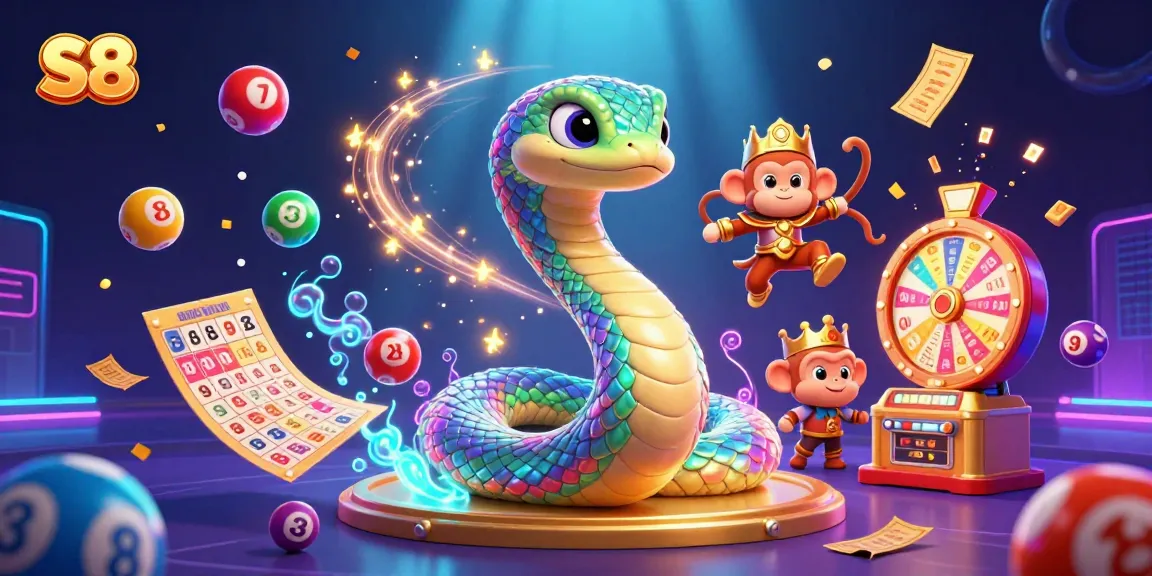 S8 captivates players with vibrant lottery game elements and a magical scene featuring a serpent and monkey king.