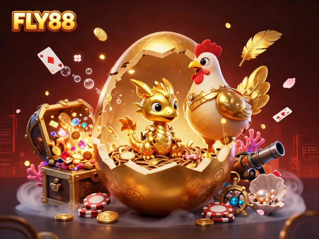 FLY88 showcases a vibrant dynamic 3D scene of a golden dragon on poker chips, surrounded by casino elements.