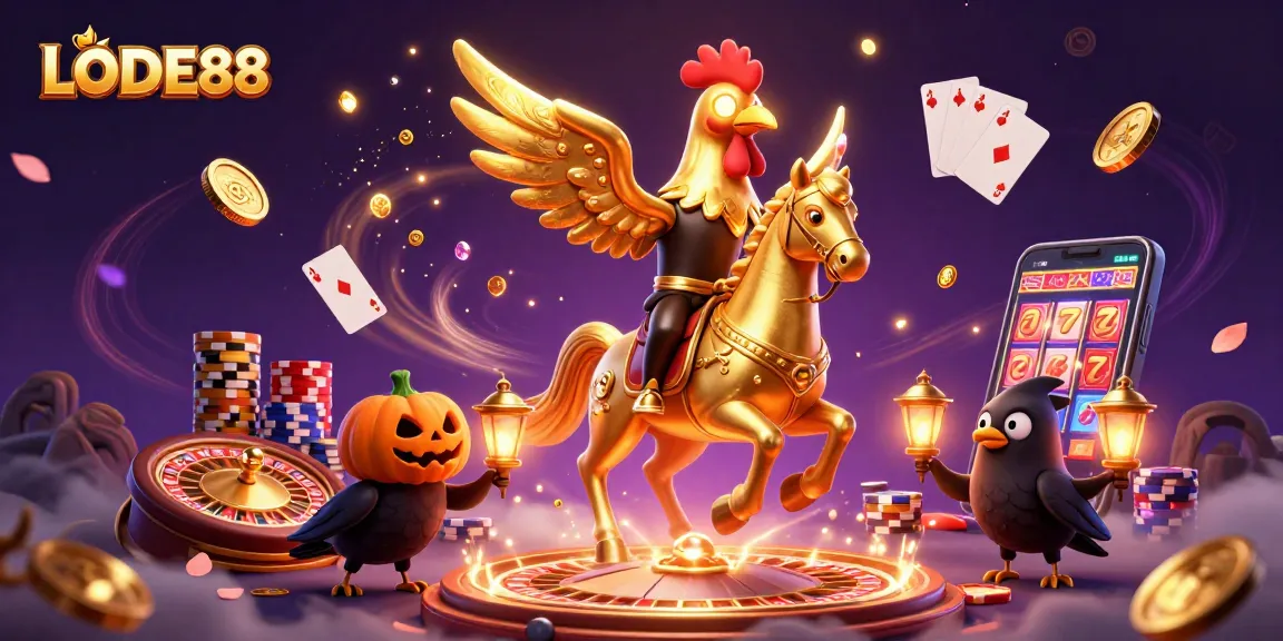Experience thrilling action with LODE88 in a vibrant casino scene featuring a golden rooster and sparkling gems.