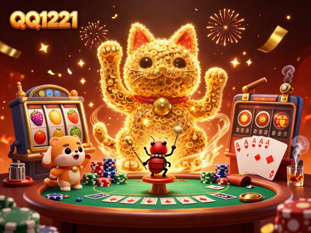 Experience QQ1221's vibrant atmosphere with golden fireflies forming a lucky cat amidst casino symbols.