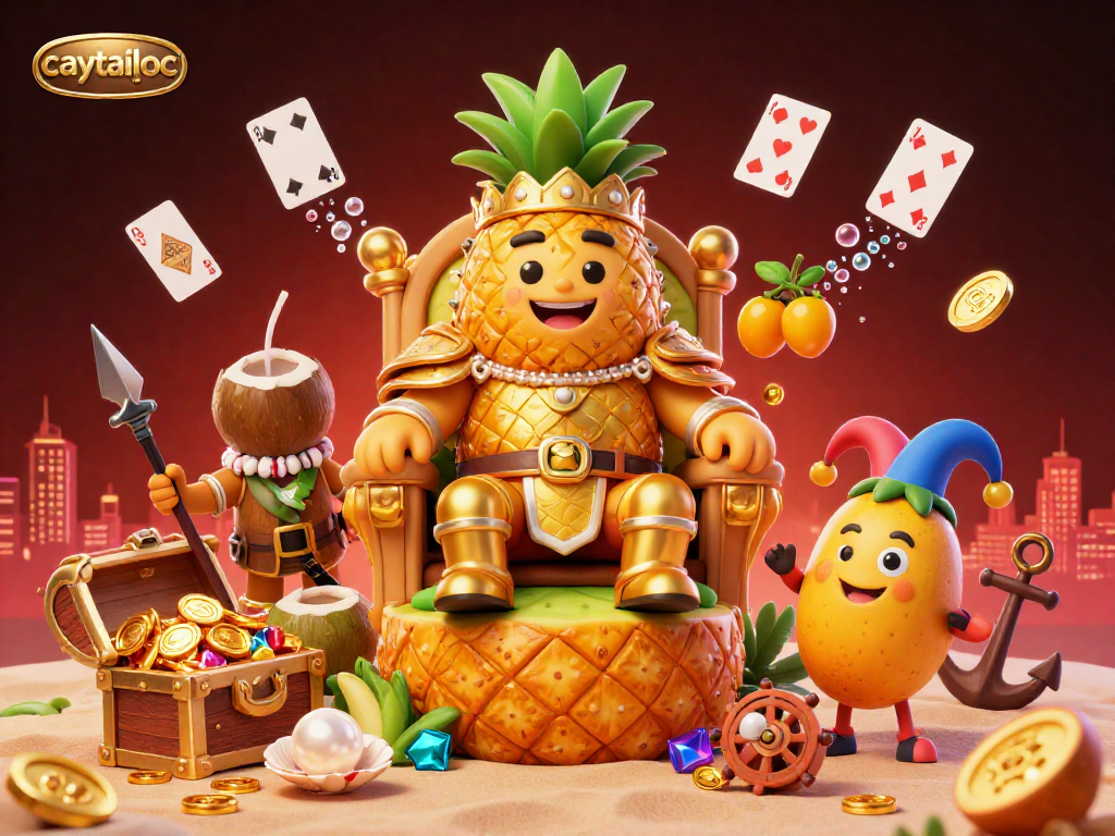 Caytailoc showcases a vibrant 3D scene with a pineapple king in a beach casino, surrounded by game elements.