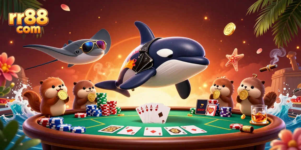 Experience the excitement of rr88 com with a lively cartoon scene featuring a jumping whale and otters with coins.