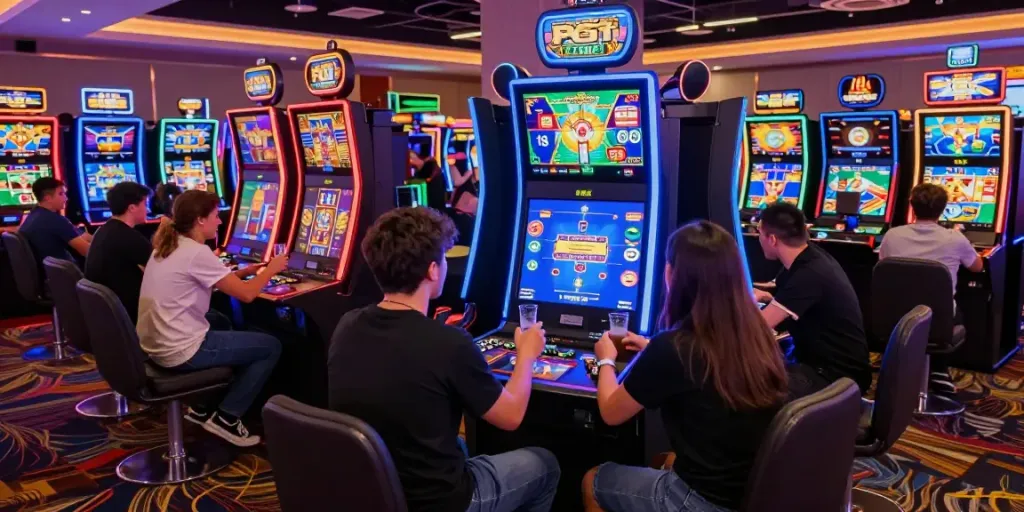 Players enjoying PG SLOT digital machines in a lively casino atmosphere.