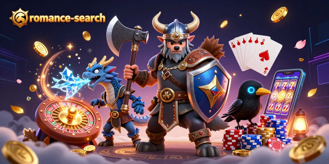 Experience thrilling gameplay with romance-search, featuring a Viking warrior, fierce dragon, and vibrant casino elements.