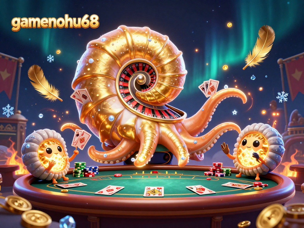Engage with gamenohu68's vibrant casino scene featuring a giant nautilus roulette wheel and poker elements.